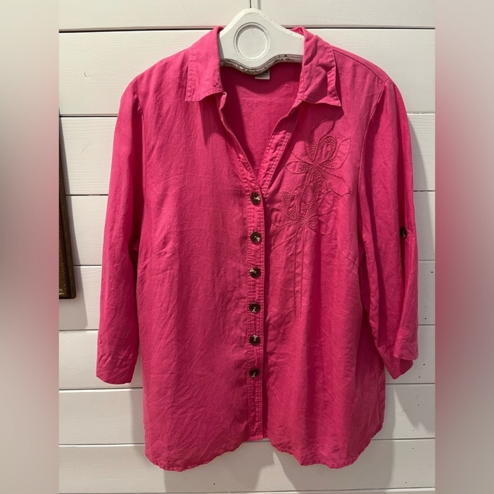 100% Linen Embroidered Button-Up Shirt 2X